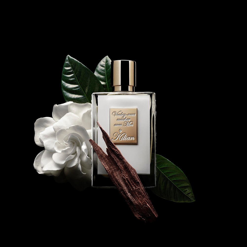 Kilian voulez vous coucher avec moi 50ml eau de parfum bottle displayed against elegant luxury background