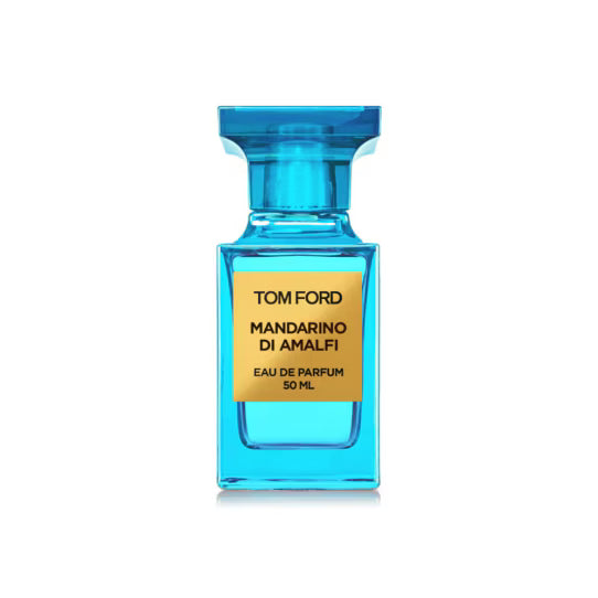 Blue tom ford mandarino di amalfi eau de parfum bottle on a white background