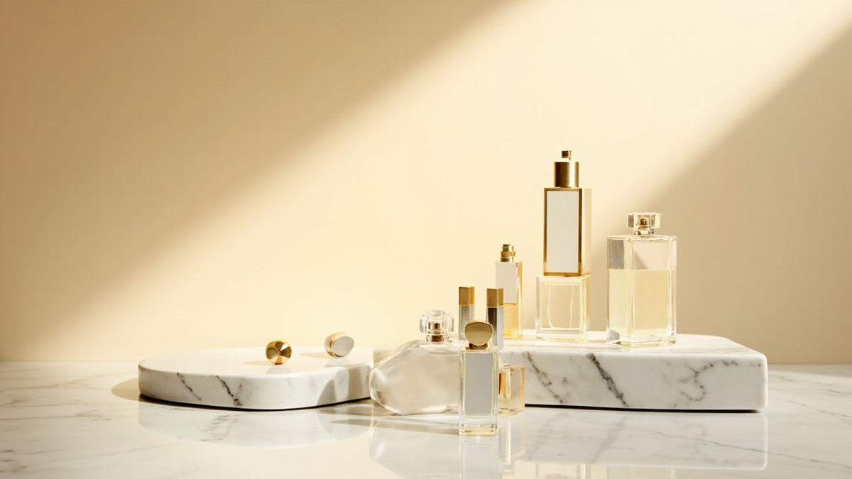 Luxury perfume bottles on marble with soft golden light and elegant minimal styling