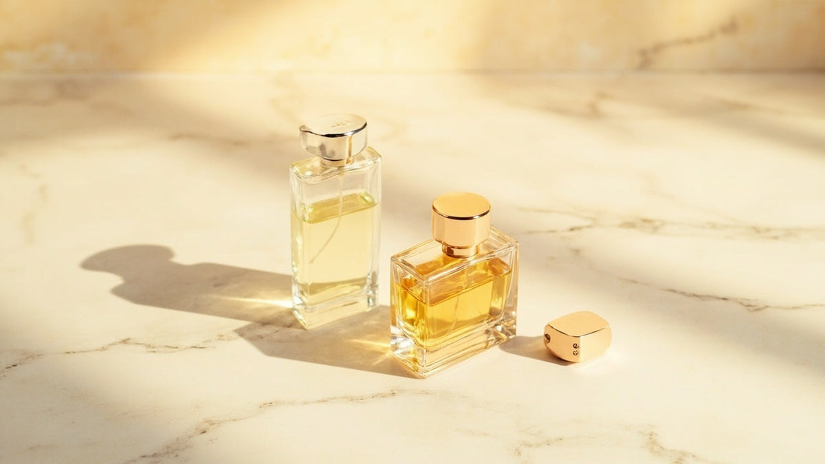 Luxury perfume bottles on marble with soft golden light and elegant minimal design