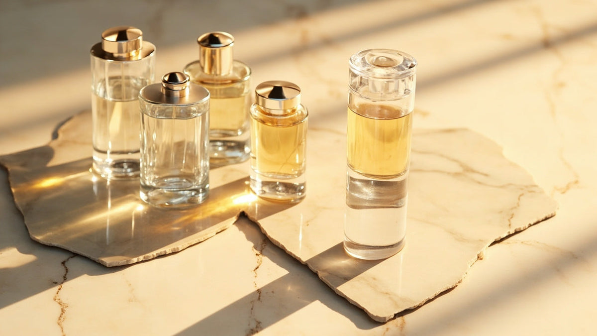Elegant perfume bottles on marble with soft golden light and minimalistic styling