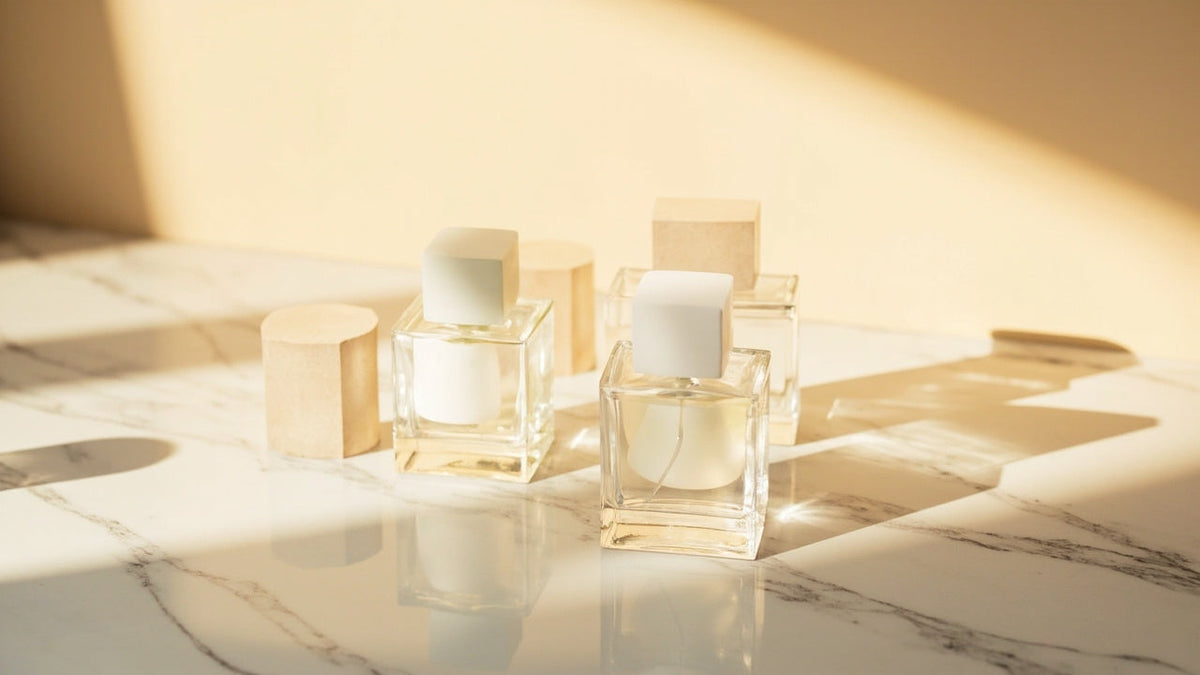 Elegant perfume bottles on marble with soft golden lighting and minimalistic style