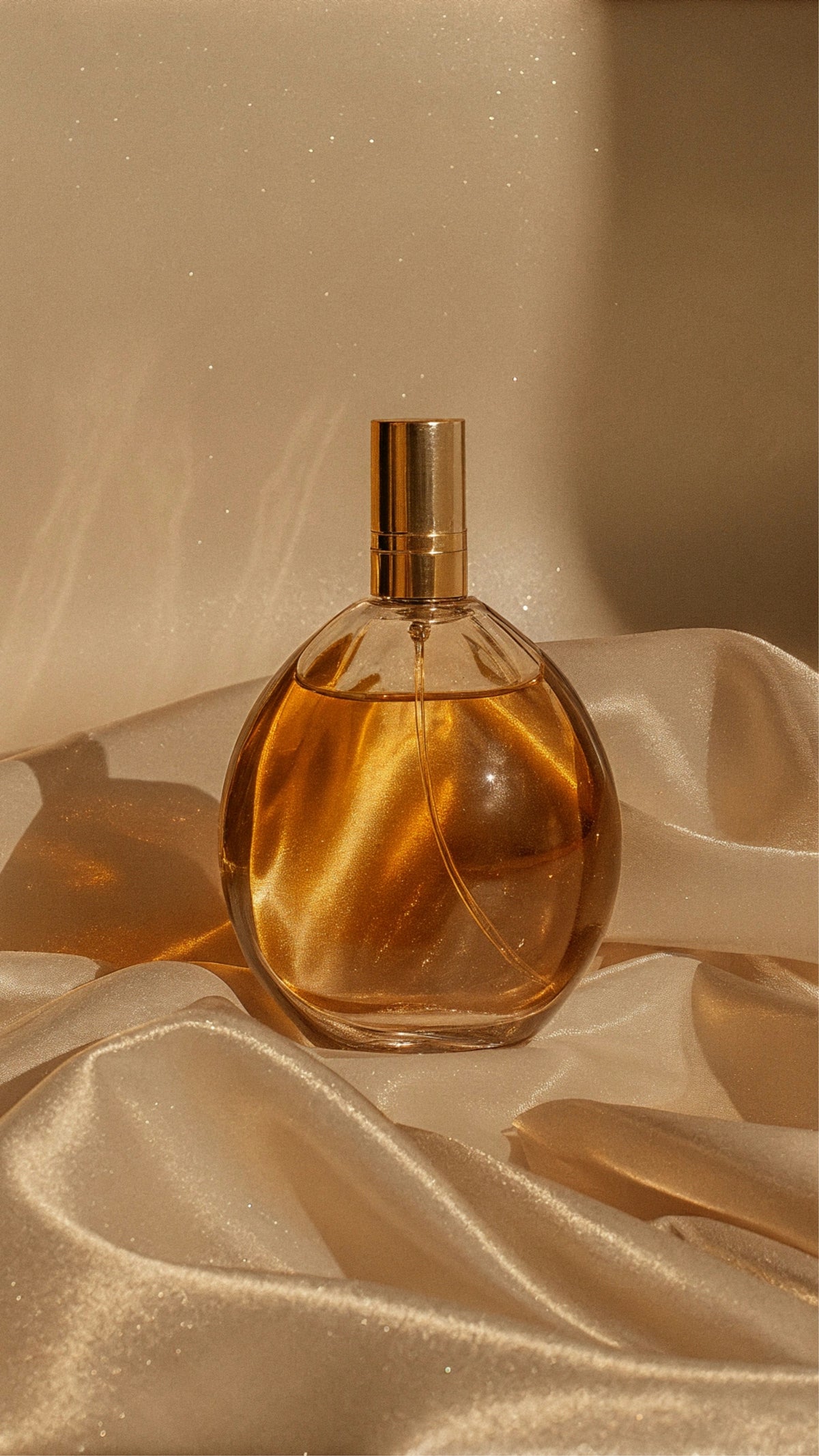 A bottle of perfume sitting on a white cloth